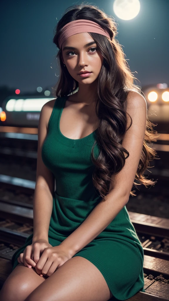 Masterpiece, 20 year old woman, full body, he highest quality, big pink eyes,proportionate lips, Colorful cinematic lighting, brown Cashmere Dress bare shoulders, with overflow [green|rose] long wavy hair, ponytail, (wearing a headband), (Perfect face:1.1), mist,sitting Train tracks, at night, moon, moonlight, romantic, HDR, Very detailed, 8k, Hyper realistic, shot at eye level, Cinestill 800