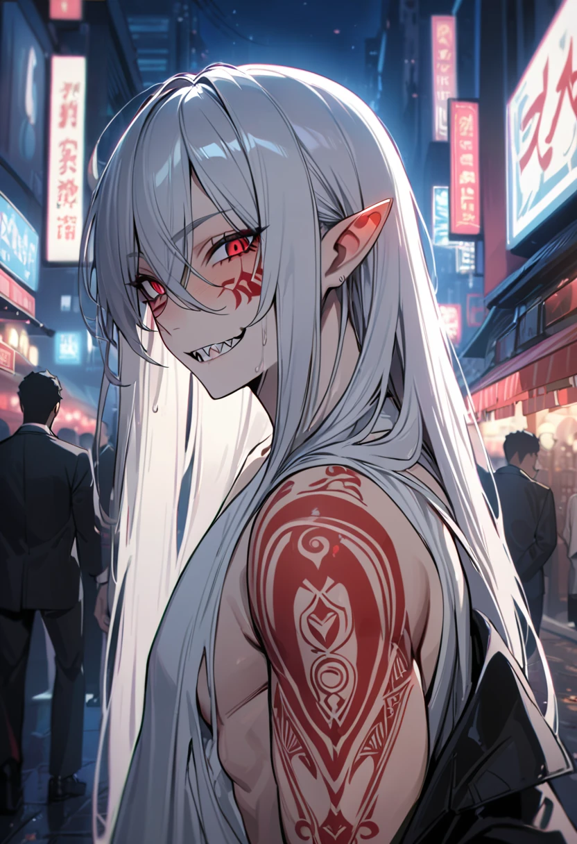 Boy, white hair, long straight hair, red eyes, wild smile, sharp teeth, pointed ears, fair skin, black suit, white dress shirt, stylish, red tribal tattoos, red facial tattoo, night on the streets, high details, high quality, 4K, anatomically correct