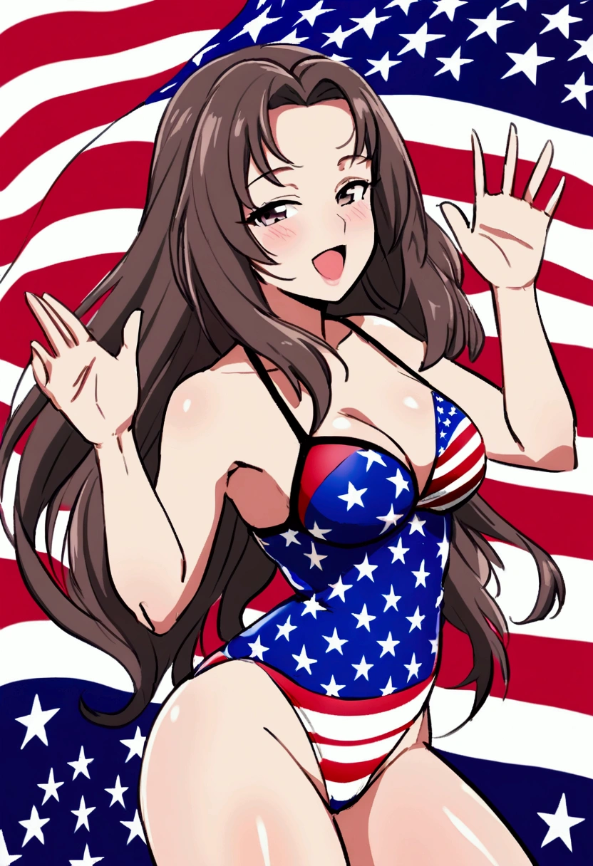 (fay wray, age 25, bombshell swimsuit american flag pattern, waving an american flag), American flag in the background, flirty joyous poses