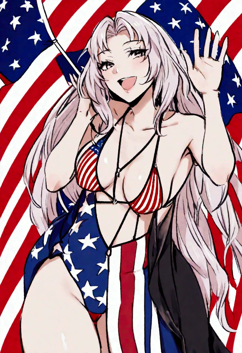 (fay wray, age 25, bombshell swimsuit american flag pattern, waving an american flag), American flag in the background, flirty joyous poses