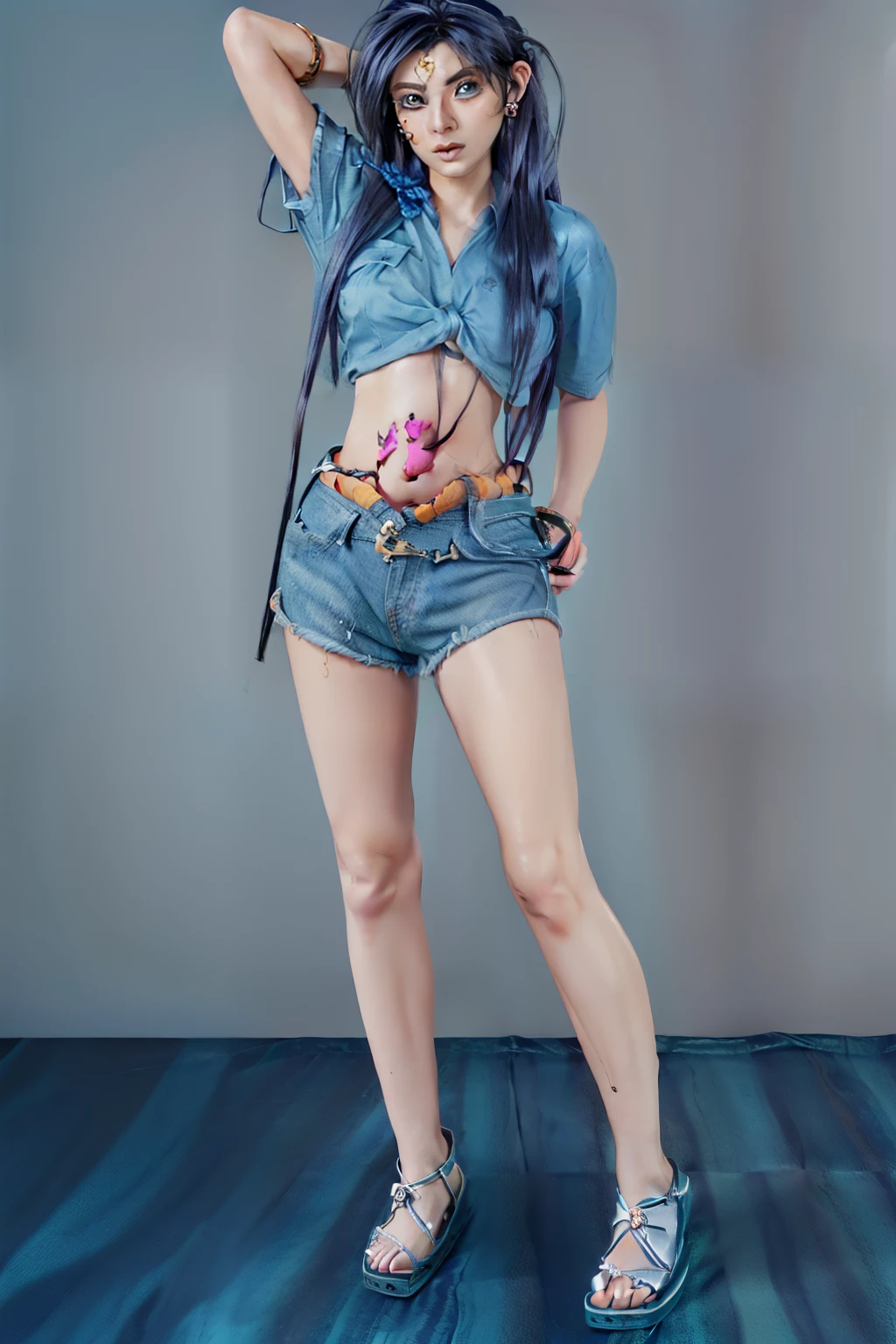 (tall:2),(photo realist: 1.2), (hiper realist: 1.2), (realistic: 1.2), (smoother lighting: 1.2), (Improve the quality of movie lighting: 1.2), (RAW photo:1.2), (better quality:1.2), (beauty:1.2), (masterpiece:1.2), (Physically based rendering:1.2), (ultra high resolution:1.2), (best quality:1.2),(standing:2),(full body shot:2),(fighting pose:2),(blue long hair:2),(beauty face:2),(earring:2),(ember eyes:2),(big breast:2),(tied shirt:2),(denim micro shirt:2),(belt:2),(beauty legs:2),(sandals:2),(simple background:2),(shiny skin:2),(navel:2)