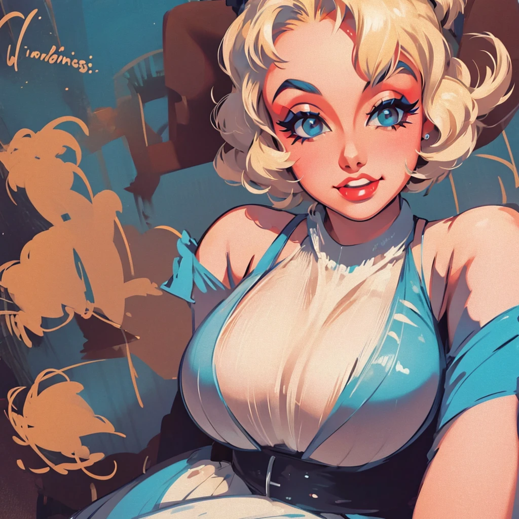 a woman with very large breasts, 1950s vibes, a face like Marilyn Monroe, retro and ethereal, vintage makeup