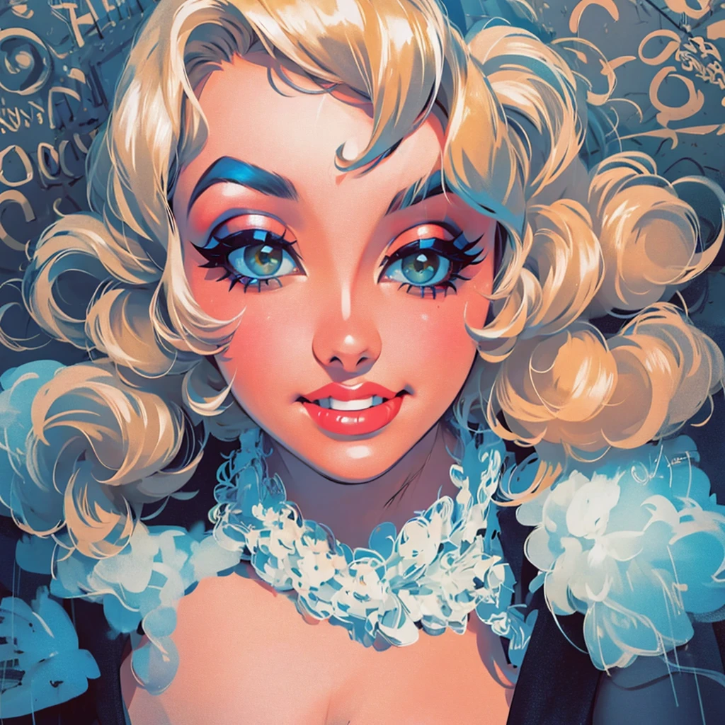 a woman with very large breasts, 1950s vibes, a face like Marilyn Monroe, retro and ethereal, vintage makeup