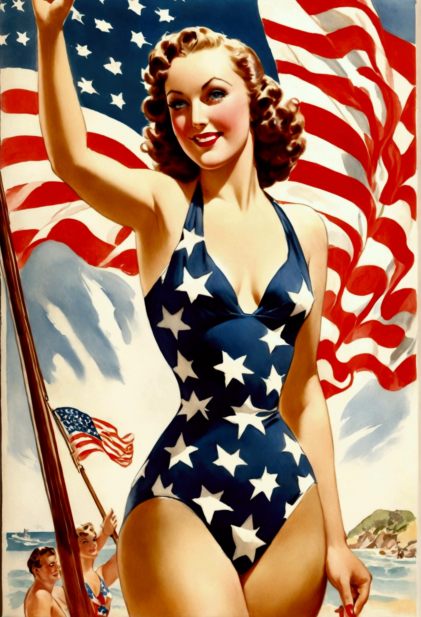 (fay wray, age 25, bombshell swimsuit american flag pattern, waving an american flag), American flag in the background, flirty joyous poses
