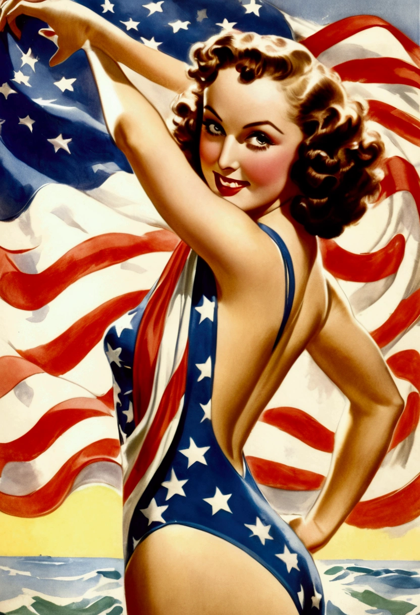 (fay wray, age 25, bombshell swimsuit american flag pattern, waving an american flag), American flag in the background, flirty joyous poses