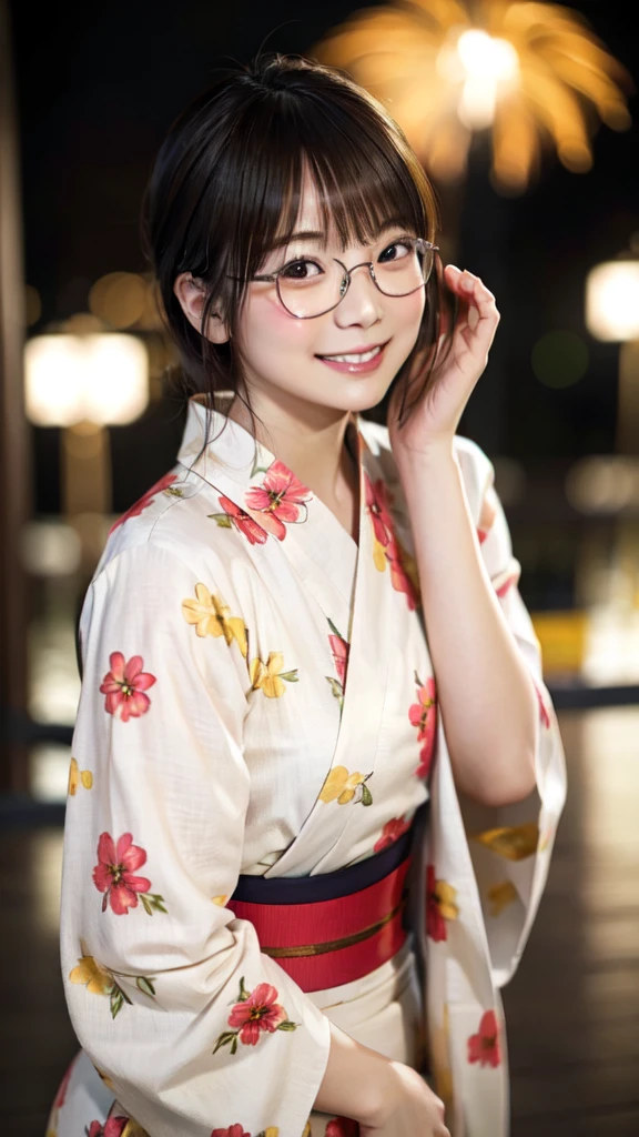 Wide shot of beautiful woman in yukata on mysterious fireworks display background: 1.5, unity 8k , highly accurate: 1.1。As a stylish snapshot、Beautiful woman smiling、Beautuful Women: 1.3、wide Shots: 1.2、Fireworks Display: 1.1、hposing Gravure Idol、Photograph the whole body、Japan girl wearing yukata、looking at the viewers、Pose with a smile(top-quality、masterpiece)))、hight resolution、ighly detailed、masterpiece、Movie Lighting、(8k、top-quality、masterpiece:1.2)、(realisitic、Photorealsitic:1.37) Hi-Res、The ultra-detailed、1girl in 、asian human, cute little, cute face, solo, Short hair 1.2, Textured skin, beautiful smiling face, Beautiful detailed sky, Movie Lighting, depth of fields, Lens flare light、Dating、(blush nose)、(A smile:1.15)、(Mouth closed)tiny chest、beautiful finely detailed eyes、Floating hair Nova frog style、((wearing glasses))、thin frame glasses