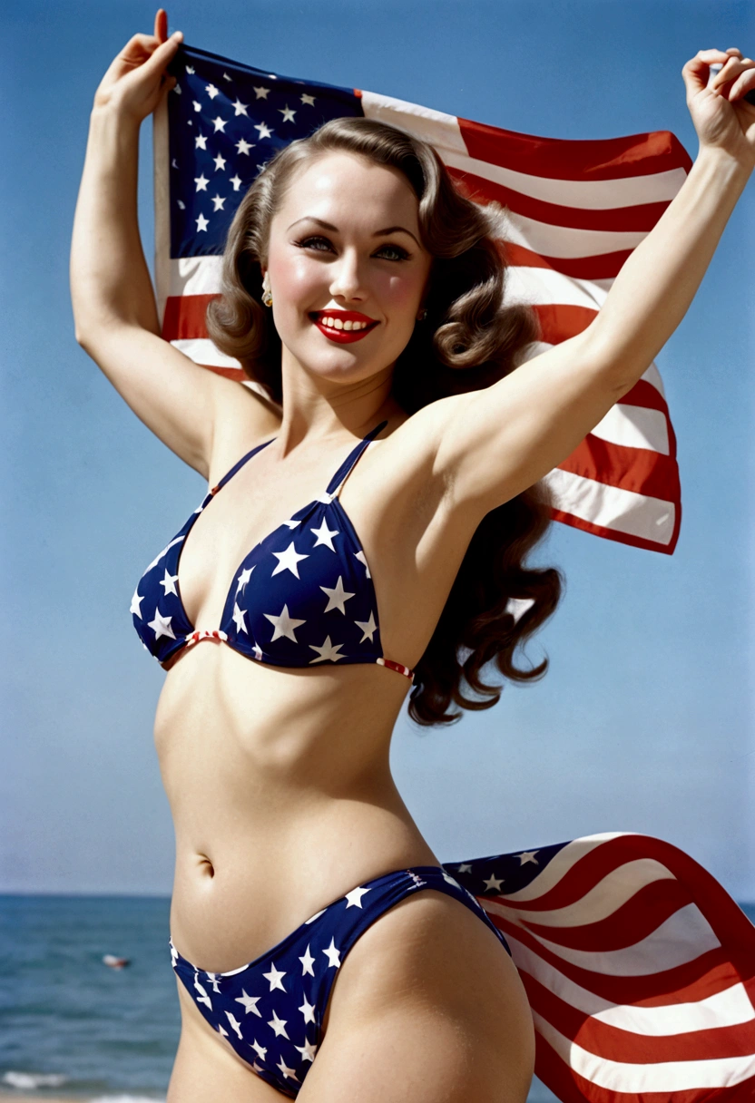(fay wray, age 25, bombshell swimsuit american flag pattern, waving an american flag), American flag in the background, flirty joyous poses