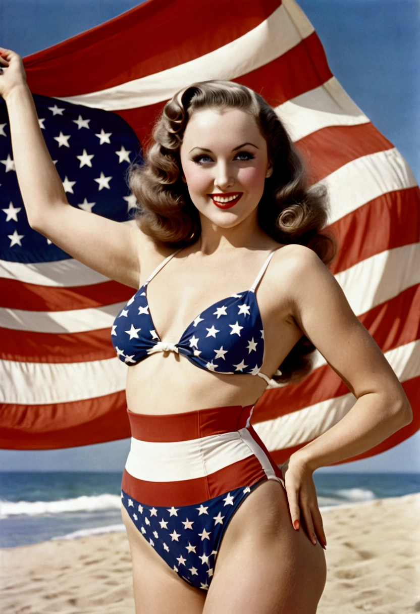 (fay wray, age 25, bombshell swimsuit american flag pattern, waving an american flag), American flag in the background, flirty joyous poses