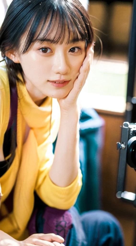 ((((masterpiece, best quality, high resolution)))), Extremely detailed 8K, Beautiful girl with voluptuous body, (ultra HD, Ultra-detailed, Highly detailed, Highly realistic, ultra-realistic, photograph realistic), (1girl:1.5), (Realistic white hair), short wavy black hair, bob cut, (dynamic poses), facing at camera, light smile, purple eyes, average breasts, (beautiful detailed face, beautiful detailed eyes), (white tank top, thin material), cleavage, dark jean shorts, glow, sweat, (sunbeam, sunlight)、A kind smile