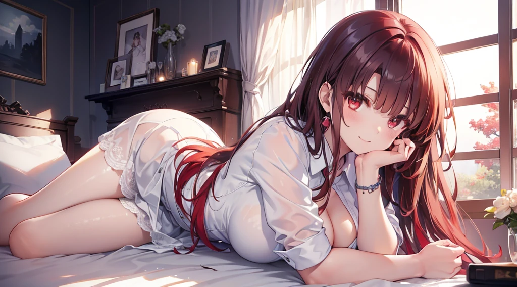 Highest quality, masterpiece, figure, wallpaper,One girl,White shirt, Light Hair, Beautiful detailed girl, Highly detailed eyes and face, Beautiful attention to detail, Shine,Browsing Caution, View your viewers, bed, night, Black Pantyhose, Straight hair, Red Eyes, long hair,Red Hair, thick_Thighs, Large Breasts, Red eyes,beautiful finger, clear background, deep night, Lying down、smile、Big earrings、bracelet