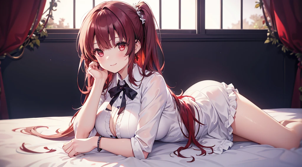Highest quality, masterpiece, figure, wallpaper,One girl,White shirt, Light Hair, Beautiful detailed girl, Highly detailed eyes and face, Beautiful attention to detail, Shine,Browsing Caution, View your viewers, bed, night, Black Pantyhose, Straight hair, Red Eyes, long hair,Red Hair, thick_Thighs, Large Breasts, Red eyes,beautiful finger, clear background, deep night, Lying down、smile、Big earrings、bracelet