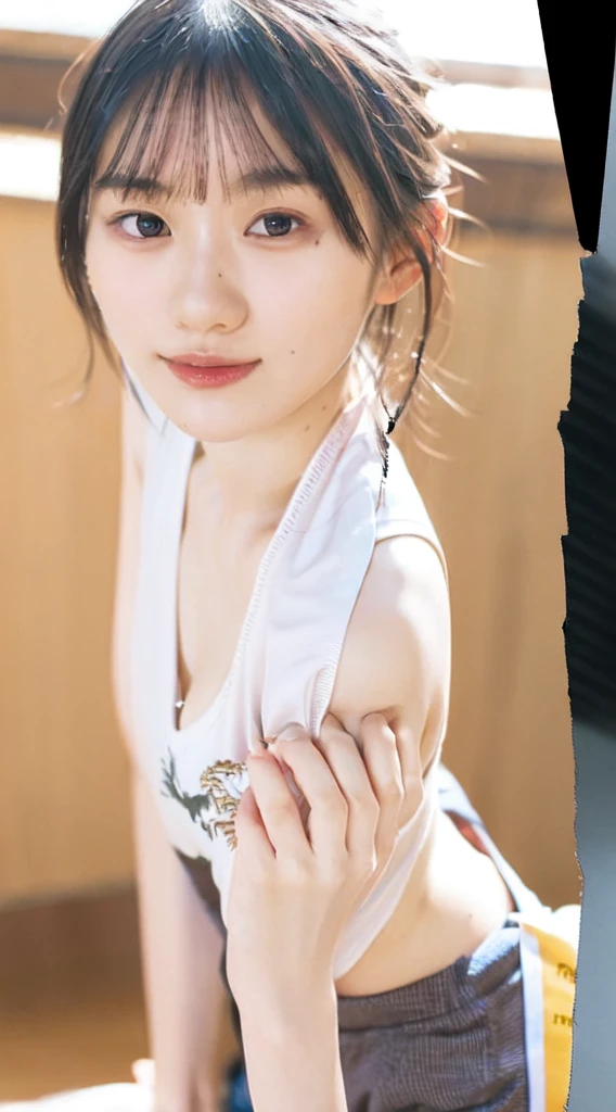 ((((masterpiece, best quality, high resolution)))), Extremely detailed 8K, Beautiful girl with voluptuous body, (ultra HD, Ultra-detailed, Highly detailed, Highly realistic, ultra-realistic, photograph realistic), (1girl:1.5), (Realistic white hair), short wavy black hair, bob cut, (dynamic poses), facing at camera, light smile, purple eyes, average breasts, (beautiful detailed face, beautiful detailed eyes), (white tank top, thin material), cleavage, dark jean shorts, glow, sweat, (sunbeam, sunlight)、A kind smile