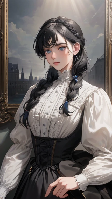 masterpiece, best quality, Practical, (absurd, High resolution, Super detailed), victorian era, Europe in the 18th century,noble,gray black hair color,blue eyes, braid, Delicate and meticulous, 8K, Reality, Dramatic Lighting, high quality, Complex design, classical portrait, enlarged texture, Exquisite details