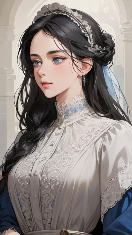masterpiece, best quality, Practical, (absurd, High resolution, Super detailed), victorian era, Europe in the 18th century,noble,gray black hair color,blue eyes, braid, Delicate and meticulous, 8K, Reality, Dramatic Lighting, high quality, Complex design, classical portrait, enlarged texture, Exquisite details