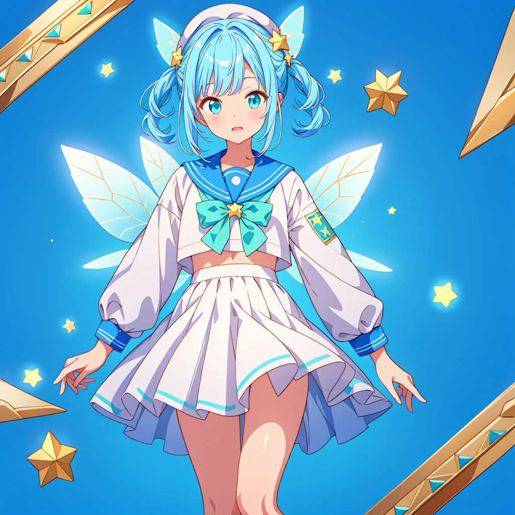 1girl、Standing in front of the viewer、Original, unique and cute hairstyle、Star Fairy、Star incarnation、Character design front view、A picture facing the viewer、(((Super detailed、Highest quality、Masterpiece)))、Milky white and blue hair color、Simple Green Background、vtuber-fullbody,White sailor suit、
