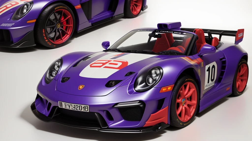 there is a toy car that is purple and has red wheels, taken with sony alpha 9, intricate detailed racing car, detailed wide plan, highly detailed toy, vista frontal superior lateral, cinematic front shot, shot close to the body, full sheet front view, eva unit-00 on the back, toy photo, Porsche made from LEGO, hyper detailed masterpiece