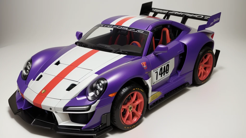 there is a toy car that is purple and has red wheels, taken with sony alpha 9, intricate detailed racing car, detailed wide plan, highly detailed toy, vista frontal superior lateral, cinematic front shot, shot close to the body, full sheet front view, eva unit-00 on the back, toy photo, Porsche made from LEGO, hyper detailed masterpiece
