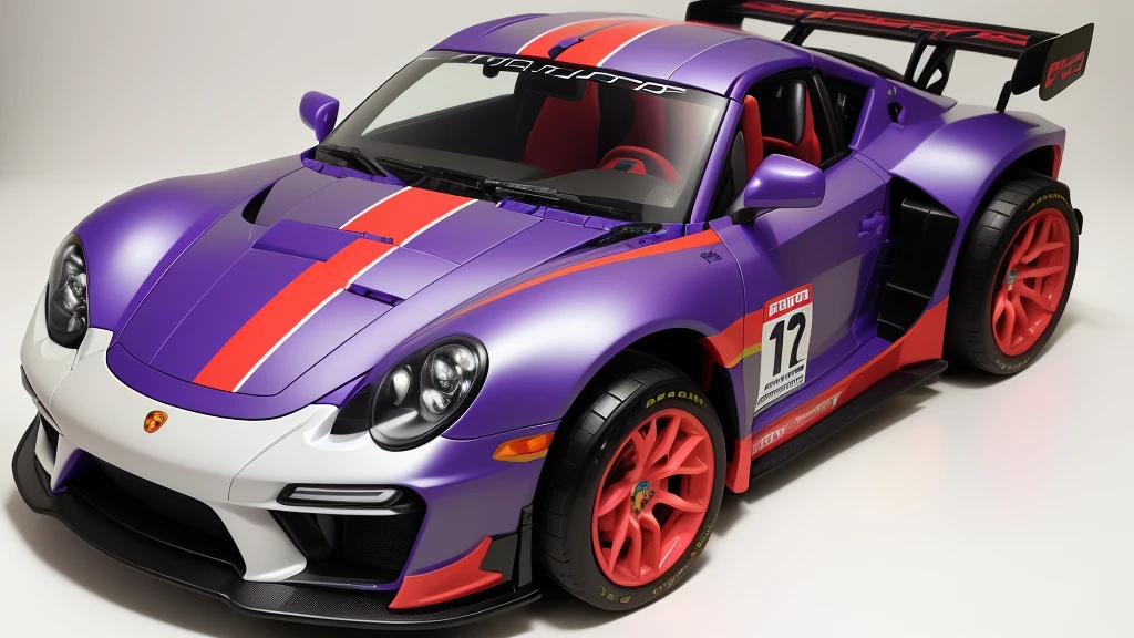 there is a toy car that is purple and has red wheels, taken with sony alpha 9, intricate detailed racing car, detailed wide plan, highly detailed toy, vista frontal superior lateral, cinematic front shot, shot close to the body, full sheet front view, eva unit-00 on the back, toy photo, Porsche made from LEGO, hyper detailed masterpiece