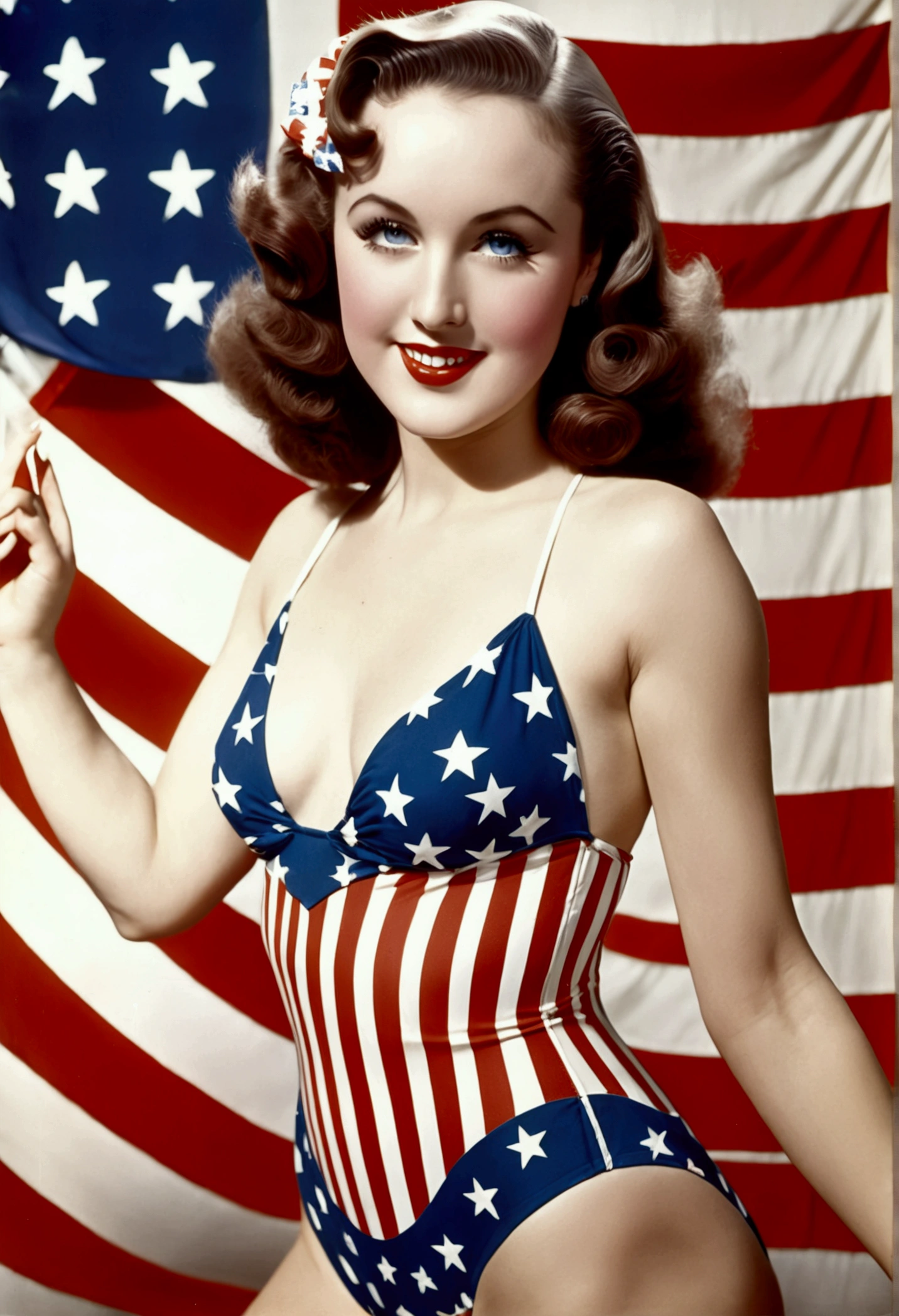 (fay wray, age 25, bombshell swimsuit american flag pattern, waving an american flag), American flag in the background, flirty joyous poses
