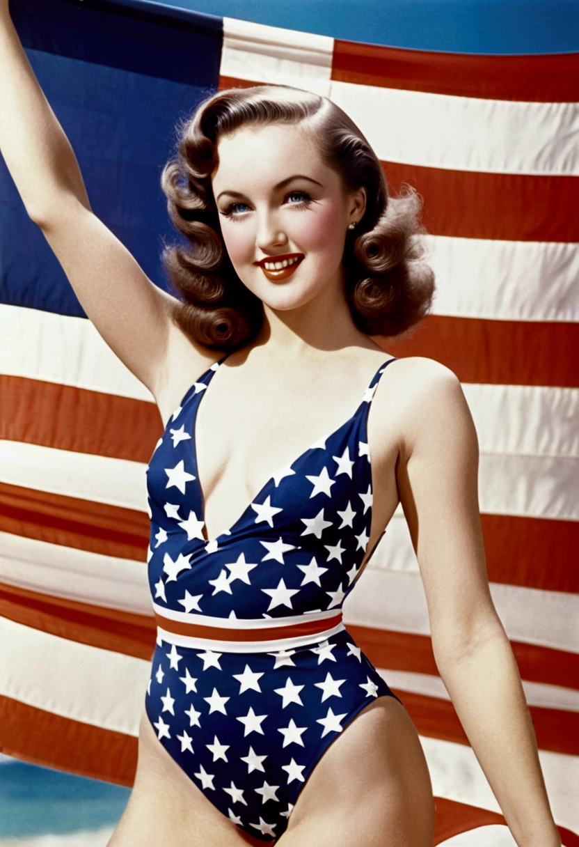 (fay wray, age 25, bombshell swimsuit american flag pattern, waving an american flag), American flag in the background, flirty joyous poses