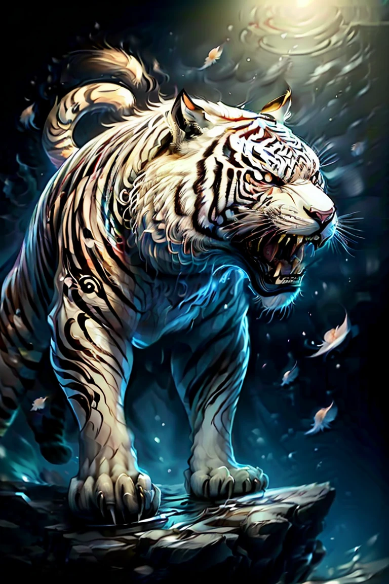 Calligraphy style, A Japanese tattoo, A traditional Japanese tattoo, Masterpiece, High quality, ultra details, ((A raging tiger open mouth looks angry)), Japanese wave background, with sakura petals effect Upper arm tattoo,, Super detailed, professional design by tattoo artist, a tiger, 1 tiger,
