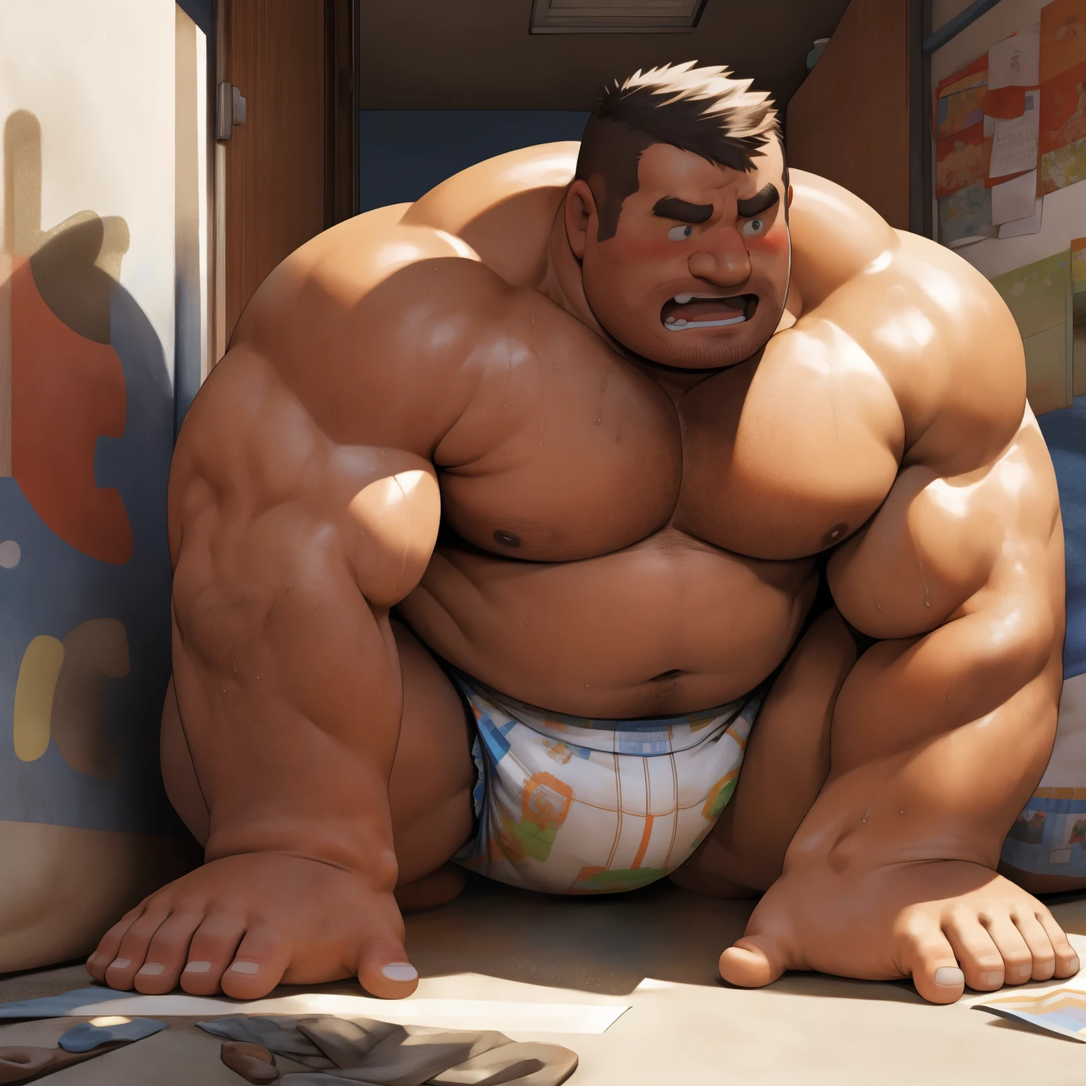 masterpiece, Top quality, in 32K, perfect anatomy, hyper detailed, super fine illustration, The thick man is a brutal prisoner, retarded, hairy human, 50yo in Japan, (fatness: 1.0), Fatty muscle, Bowleg, disappointment, incontinent, shy, sissy, Weaker than children, Drool, Round face, be diaper check by children, waddle, There is a small puddle under him, incontinent, Naked, short legs, Bowleg, spread legs, wear a White cloth Diaper, Bare belly, Bare legs, Bare foots, Bare soles, Shirtless, wide forehead and short thinning hair, Man with round face with stubble, Bare foots, Bare soles, He enters nursery school and is despised by children, He surrounded by children, His bottom is wet, Bare foots, big butt, he is scolded by the children, White Diaper, He surrounded by children, sobbing, wear a White cloth Diaper, shirtless, There is a small puddle under him, He enters nursery school and is despised by children, big butt, sobbing, He crawling to go to children, on all fours, side view