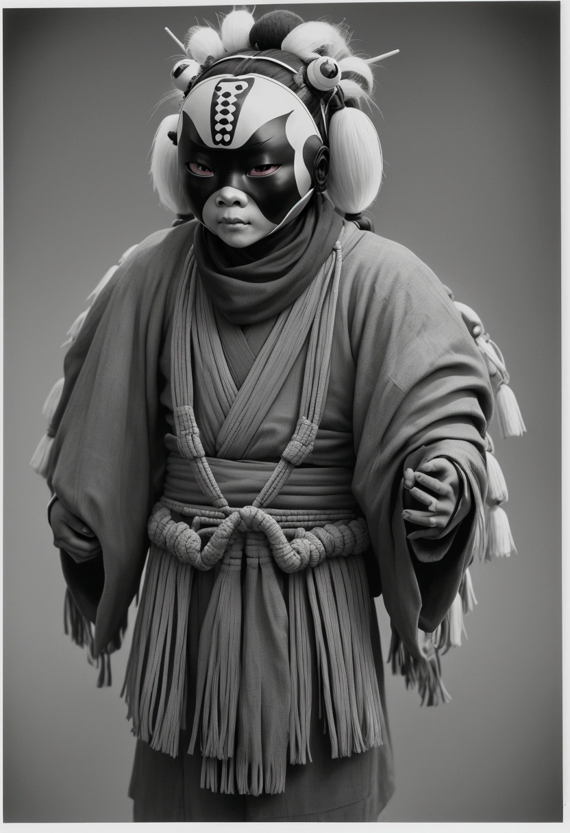 whole body, Japanese masked tribesmen and aliens々and take photos, Shot in black and white, 20th Century Photos, Gelatin silver printing, Add noise, Old photo effect