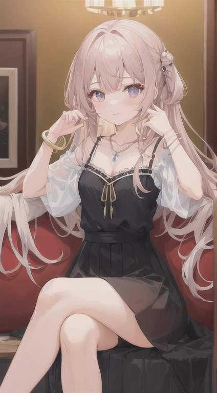 One girl,Lifeland,Sitting,Crossing your legs,Flared lace skirt with lots of embellishments、blouse、necklace、bracelet (masterpiece, Highest quality), (One girl18歳)