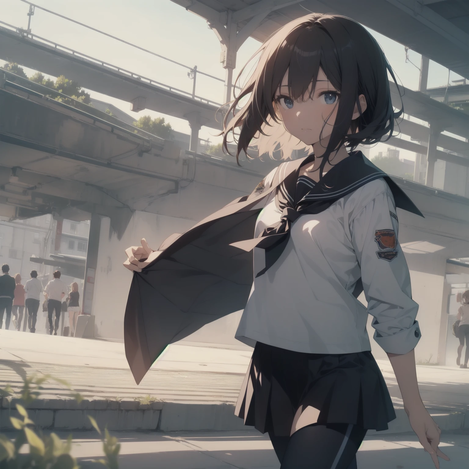 ultra-absurdres-Top quality by artist God, ultra-detailed, high resolution, anime moe artstyle, best anime 8k konachan wallpaper, pixiv contest winner, pool:2810, perfect anatomy,break, 1girl, (Please draw a girl walking sleepily to school alone. )break,(Solo,little female, 13-year-old:1.3),Full limbs, complete fingers,a junior high school student, (very short hair), short cut, flat chest, , small butt, small black eyes, beautiful detailed eyes, well-proportioned iris and pupils, expressive eyes, highres detailed hair, soft expression, salor school_uniform, sailor collar, serahuku, bow, pleated skirt,(Detailed Lighting), (Detailed background), in the School commute route. break,super detailed skin, Best cinematic lighting powered by famous artist, 8k,beauty illustration,photoshop_(medium),very aesthetic,break,((artist:yuuhagi_(amaretto-no-natsu) )), artist:clamp ,artist:carnelian ,artist:kantoku ,