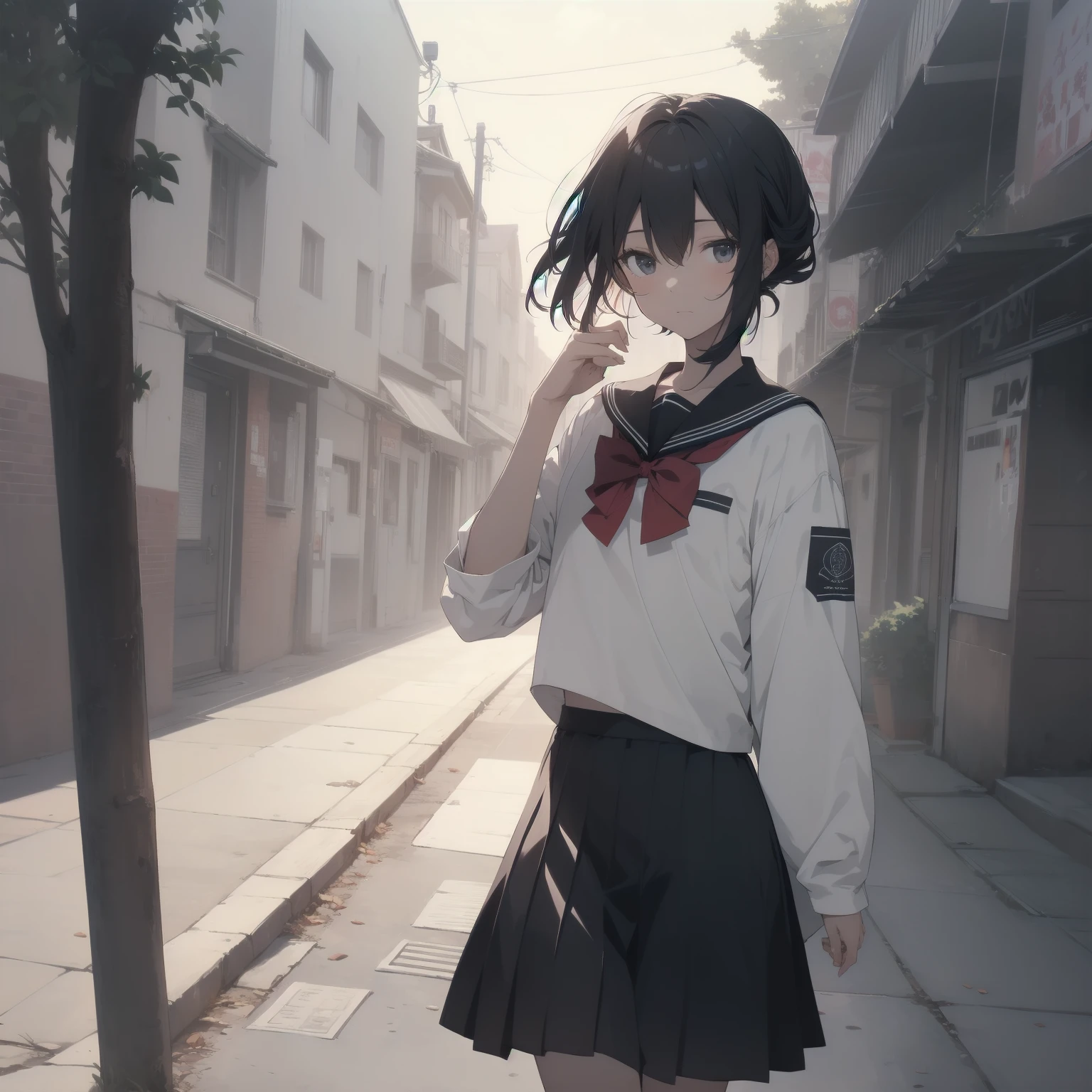 ultra-absurdres-Top quality by artist God, ultra-detailed, high resolution, anime moe artstyle, best anime 8k konachan wallpaper, pixiv contest winner, pool:2810, perfect anatomy,break, 1girl, (Please draw a girl walking sleepily to school alone. )break,(Solo,little female, 13-year-old:1.3),Full limbs, complete fingers,a junior high school student, (very short hair), short cut, flat chest, , small butt, small black eyes, beautiful detailed eyes, well-proportioned iris and pupils, expressive eyes, highres detailed hair, soft expression, salor school_uniform, sailor collar, serahuku, bow, pleated skirt,(Detailed Lighting), (Detailed background), in the School commute route. break,super detailed skin, Best cinematic lighting powered by famous artist, 8k,beauty illustration,photoshop_(medium),very aesthetic,break,((artist:yuuhagi_(amaretto-no-natsu) )), artist:clamp ,artist:carnelian ,artist:kantoku ,