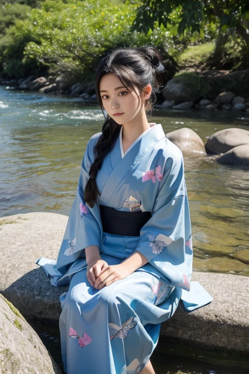 A beautiful girl sitting on a large rock by the river, looking at the river. The girl is 16 years old, with black hair and black eyes, and her hair is tied up. She is wearing a kimono with a butterfly pattern.