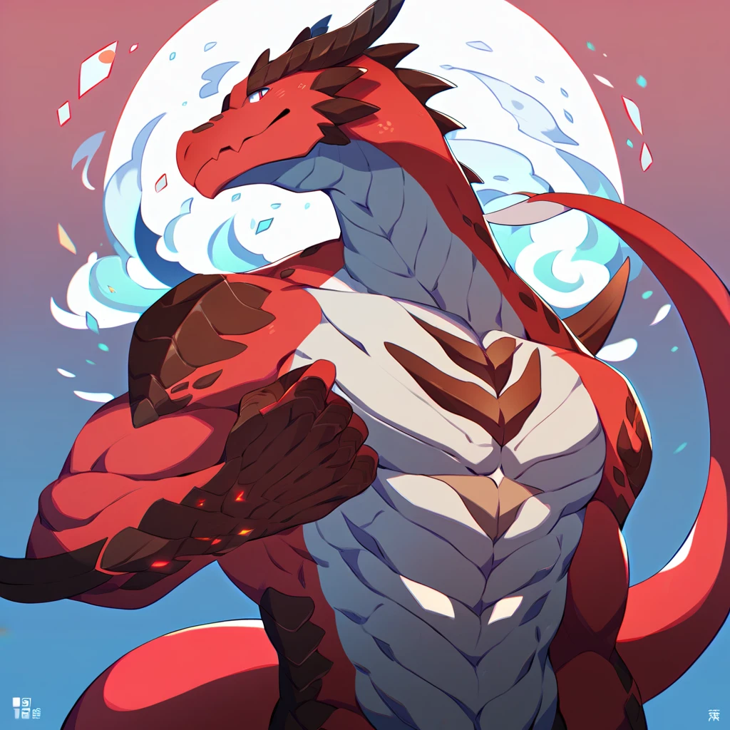 Dragonborn, (dragon), anthropology, man, ((red body)), scales, tail, muscle, handsome, Middle Ages , เสื้อMiddle Ages , Fantasy ,The best aesthetics , best quality, Amazing quality, The best aesthetics