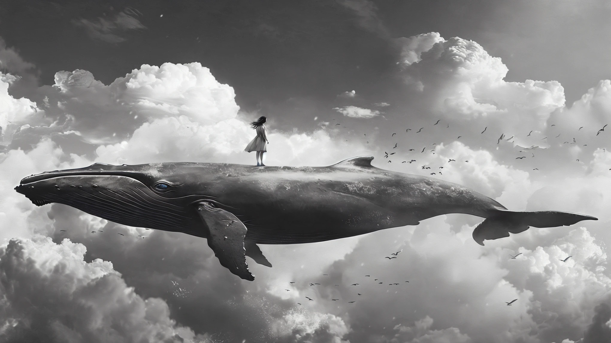 There is a man standing on a whale in the sky, Flying whales, Flying whaless, Sky whales, dreamlike surrealism, Black and white matte, Cyril Rolando and Goro Fujita, Black and white art photo, Cyril Rolando (Cyril Rolando) of inspiration, Cyril Rolandor style, Surreal photos, Cyril Rolando 和 M.Vacaruta