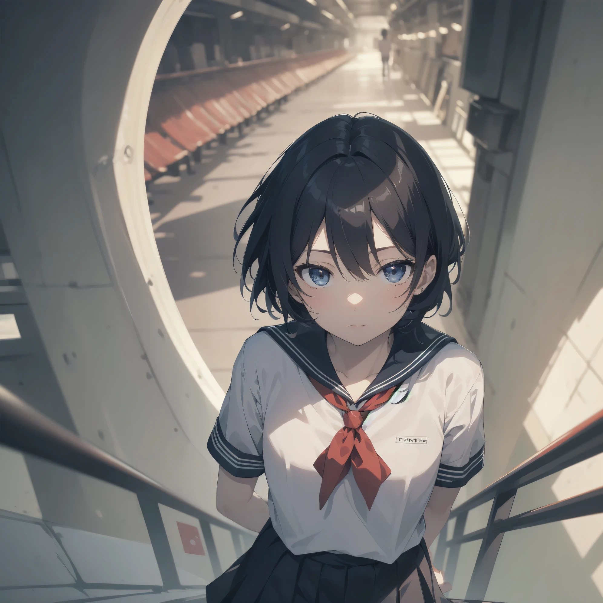 ultra-absurdres-Top quality by artist God, ultra-detailed, high resolution, anime moe artstyle, best anime 8k konachan wallpaper, pixiv contest winner, pool:2810, perfect anatomy,break, 1girl, (Please draw a girl walking sleepily to school alone. )break,(Solo,little female, 13-year-old:1.3),Full limbs, complete fingers,a junior high school student, (very short hair), short cut, flat chest, , small butt, small black eyes, beautiful detailed eyes, well-proportioned iris and pupils, expressive eyes, highres detailed hair, soft expression, salor school_uniform, sailor collar, serahuku, bow, pleated skirt,(Detailed Lighting), (Detailed background), in the School commute route. break,super detailed skin, Best cinematic lighting powered by famous artist, 8k,beauty illustration,photoshop_(medium),very aesthetic,break,((artist:yuuhagi_(amaretto-no-natsu) )), artist:clamp ,artist:carnelian ,artist:kantoku ,