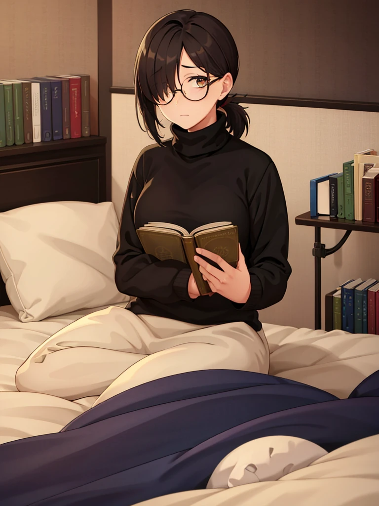 mature woman, hair over one eye, golden eyes, Tomboy, sitting on the ground, Long turtleneck sweater, looking at viewer, bed, black short hair with a ponytail, books lying around, bedroom background, round glasses, bags under eyes, tired, reading a book, shy