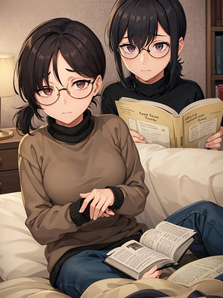 mature woman, hair over one eye, golden eyes, Tomboy, sitting on the ground, Long turtleneck sweater, looking at viewer, bed, black short hair with a ponytail, books lying around, bedroom background, round glasses, bags under eyes, tired, reading a book, shy