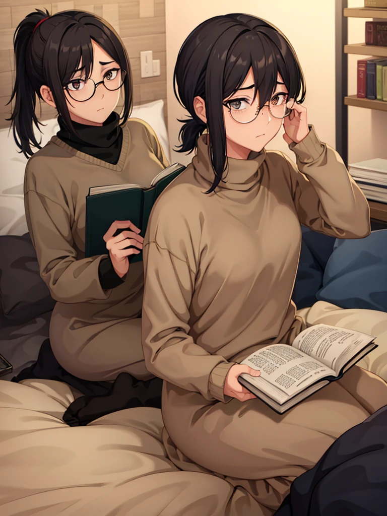 mature woman, hair over one eye, golden eyes, Tomboy, sitting on the ground, Long turtleneck sweater, looking at viewer, bed, black short hair with a ponytail, books lying around, bedroom background, round glasses, bags under eyes, tired, reading a book, shy