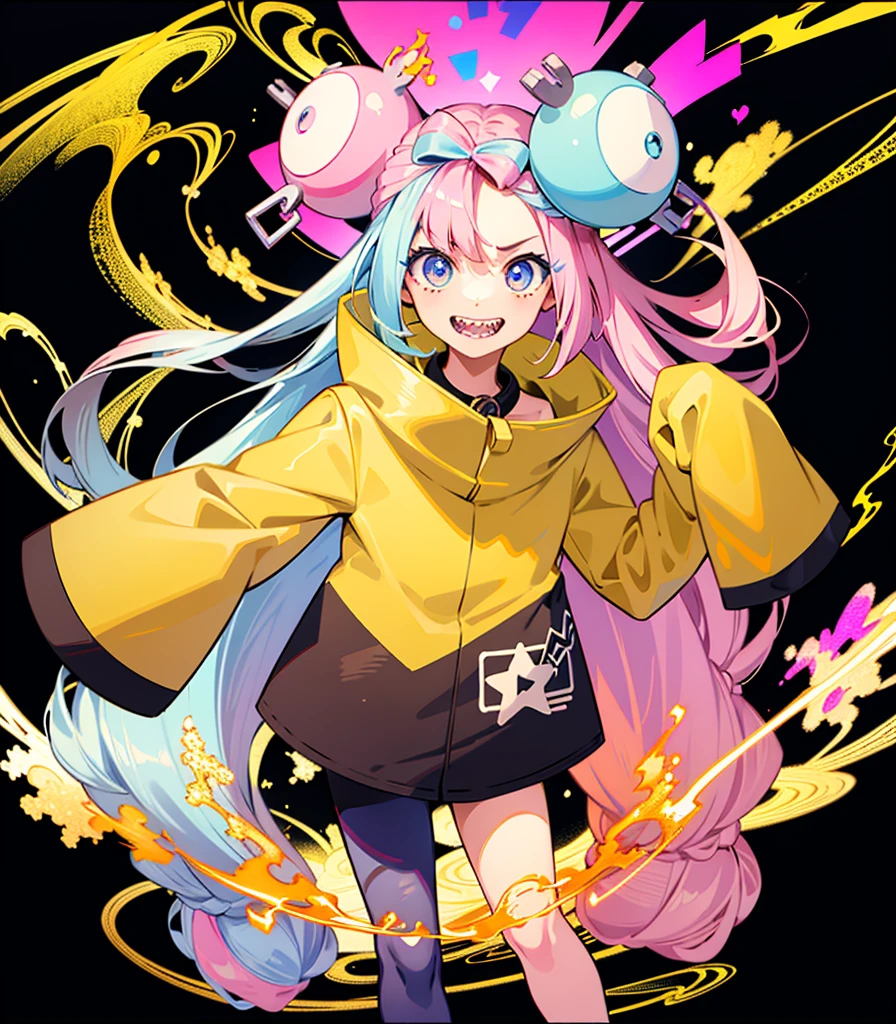 Highest quality、masterpiece、Anime Style、Pink hair and blue eyes、Yellow Jacket、Please raise your right hand、Lower your left hand、Stand only on your right foot、Raise your left leg。Sharp teeth、smile、White Background,Nanjamo