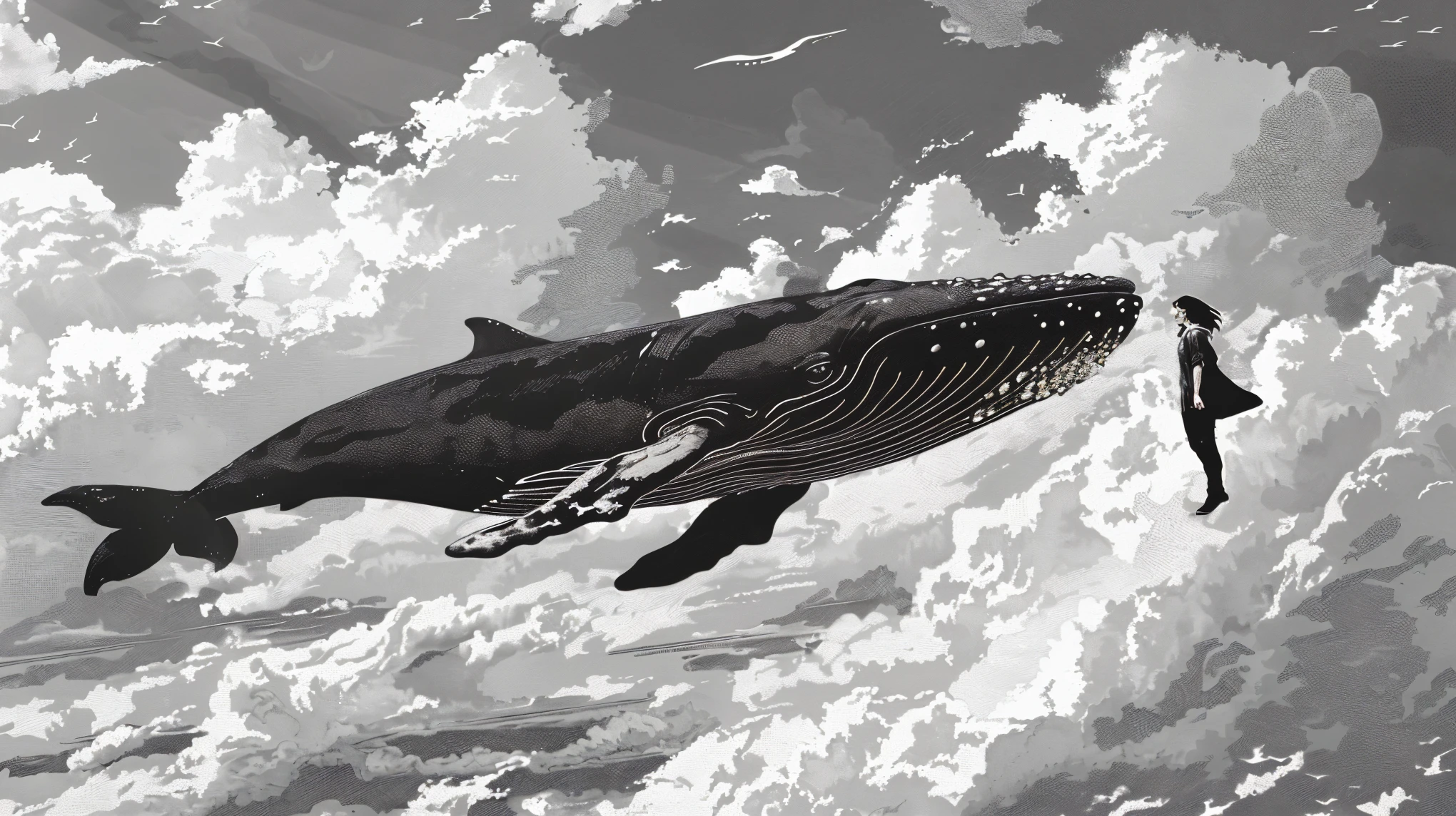 there is a man standing on a surfboard next to a whale, flying whale, sky whales, flying whales, highly detailed vector art, whale, humpback whale, author：Craig Thompson, author：Hamish MacDonald, author David G. Sorensen, space whale, Black and white vector art, author：Bob Linwood (Bob Ringwood), whale fall, author：David Palumbo, author：Dean Ellis
