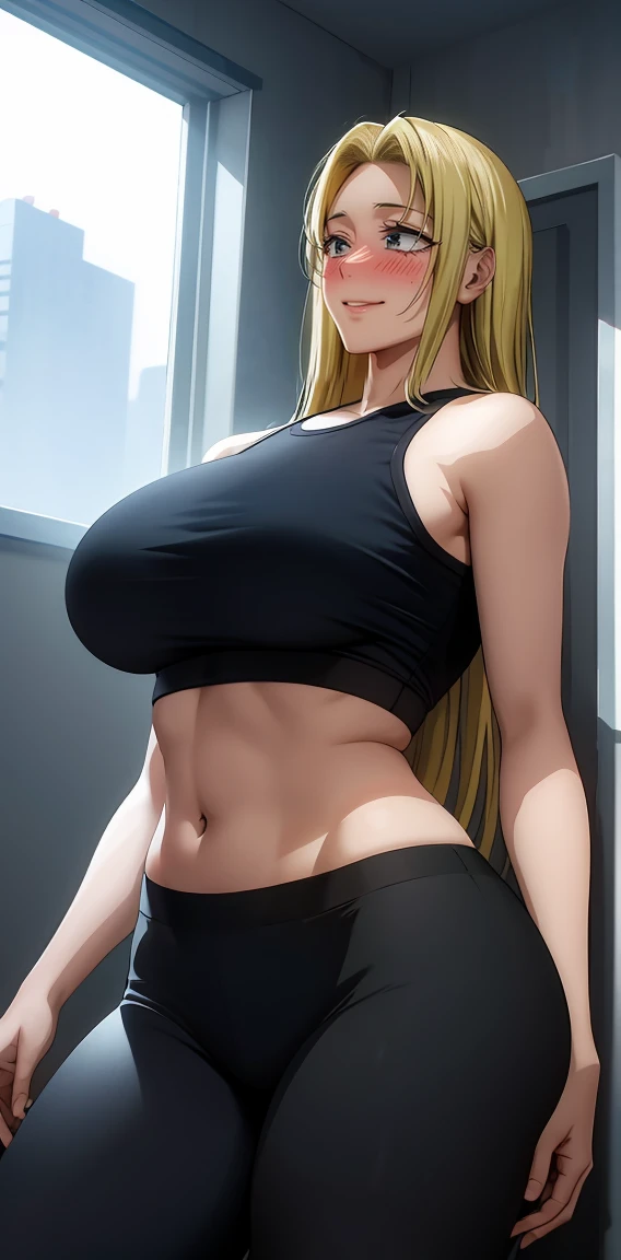 (masterpiece:1.3, highest quality, Ultra-high resolution, Ultra-detailed), (Realistic, photoRealistic:1.4), Beautiful illustrations, (Natural side lighting, Cinema lighting), Depth of written boundary,
Watching the audience, Yuki tsukumo from jujutsu kaisen, long hair, blonde hair, front view detailed body, long belly, big , tight body , thicc medium breast , thicc thighs, standing , crop top, black tank top, navel, dolphin shorts, pantyhose, standing, gym, indoors, abs, plated pants
