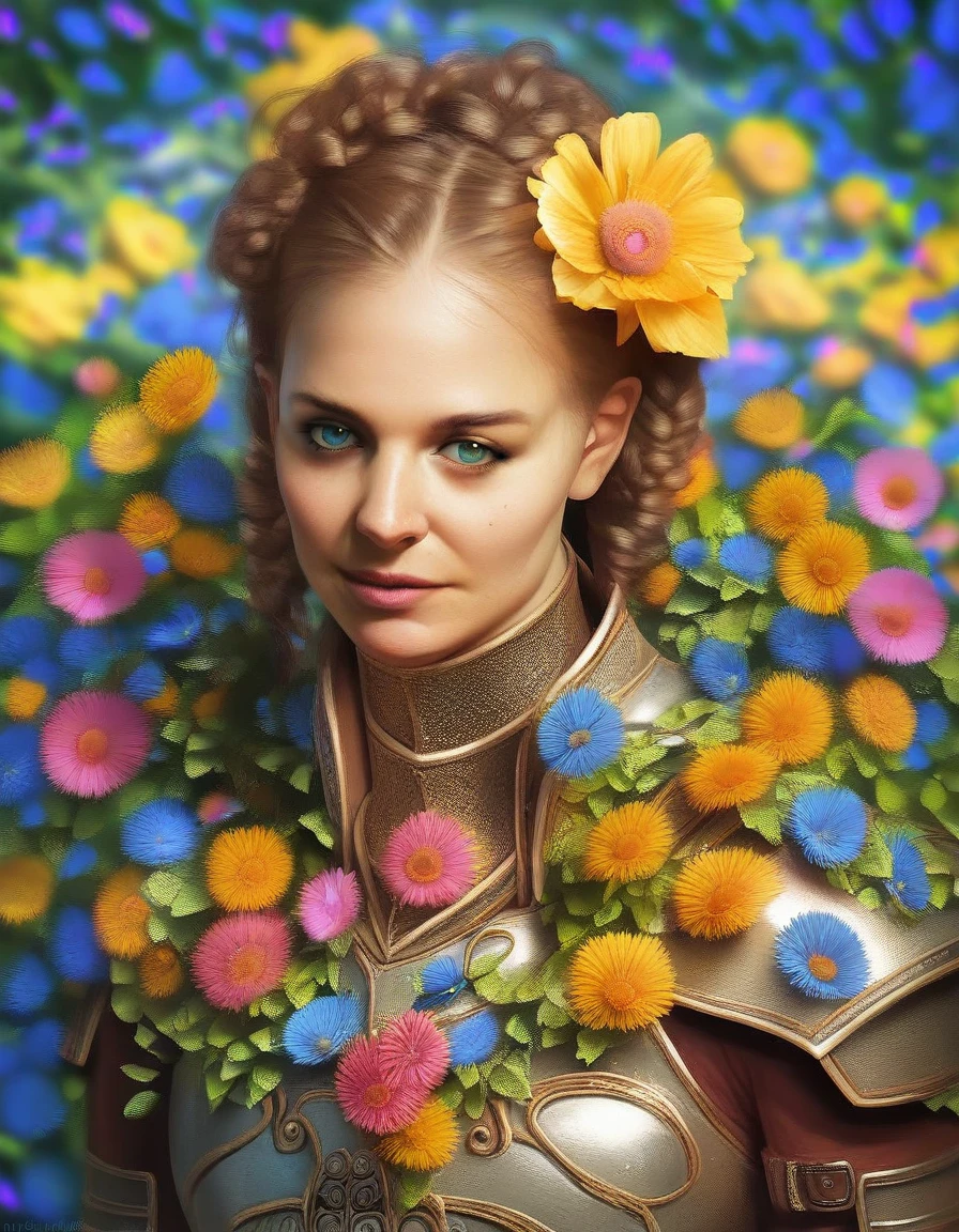 puntaje_9, puntaje_8_arriba, puntaje_7_arriba, puntaje_6_arriba, puntaje_5_arriba, puntaje_4_arriba, (best quality, realistic, high-resolution), colorful portrait of a woman with flawless anatomy. She is wearing a stunning flower dress that compliments her vibrant personality. Her skin is extremely detailed and realistic, with a natural and lifelike texture. The background is dark, which creates a striking contrast to the colorful flowers adorning her armor. The flowers on her armor represent her strength and beauty. The lighting accentuates the contours of her face, adding depth and dimension to the portrait. The overall composition is masterfully done, showcasing the intricate details and achieving a high level of realism