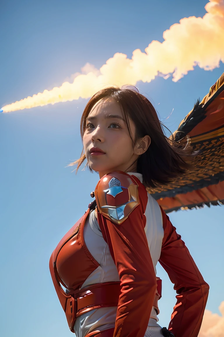 1girl, Absurd resolution, high resolution, (masterpiece: 1.4), hyper-detail, a mech, red armor with red wings, floating flight in the sky (1.8) background is wild, fire, full bodysuit,