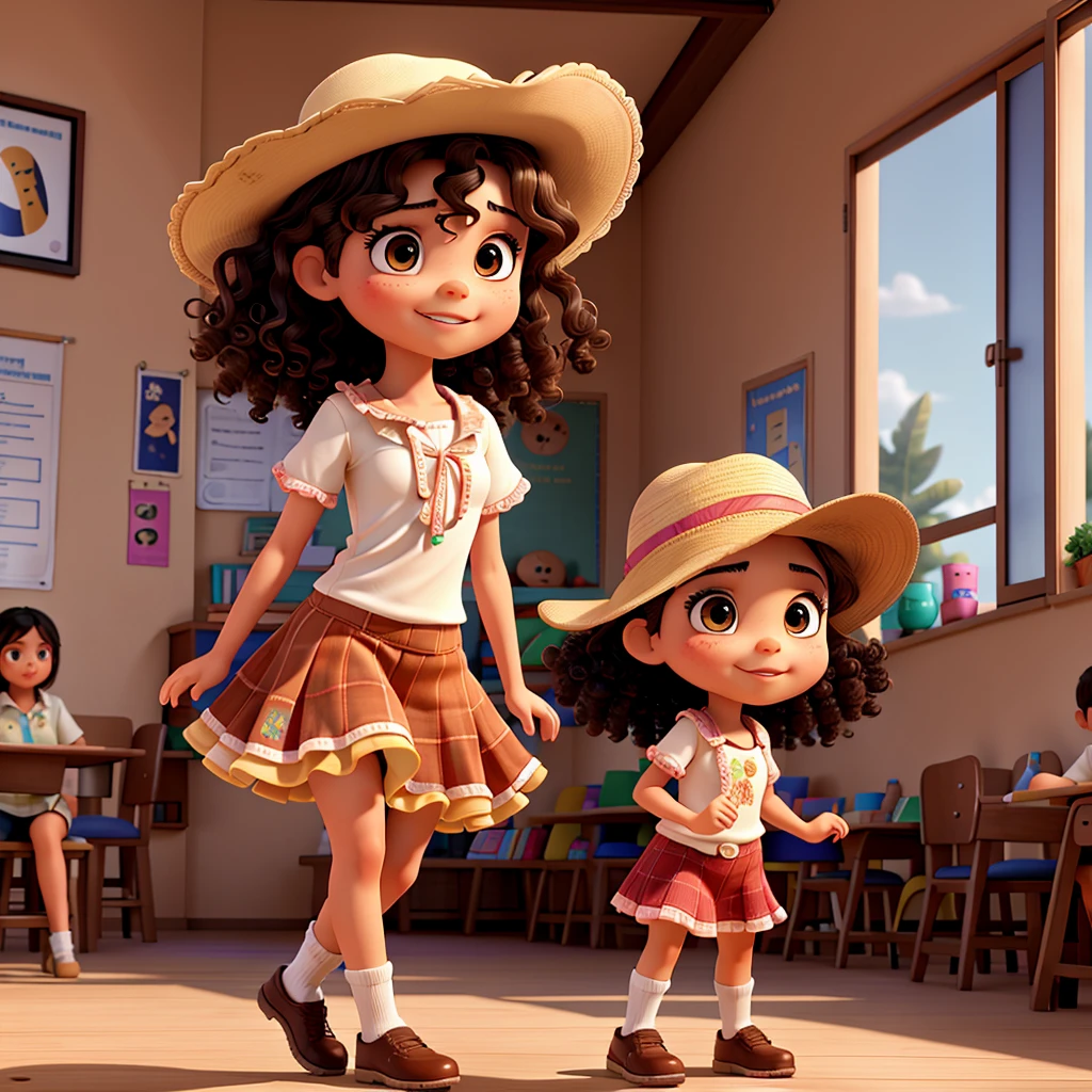 an approximately 7-year-old Mexican girl with curly hair and brown eyes holding a sombrero hat and dancing along with her approximately 7-year-old friends in a classroom, 