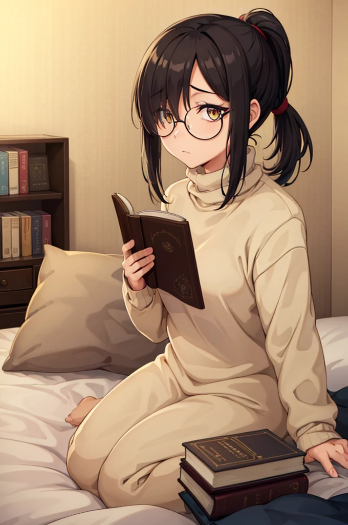 mature woman, hair over one eye, golden eyes, Tomboy, sitting on the ground, Long turtleneck sweater, looking at viewer, bed, black short hair with a ponytail, books lying around, bedroom background, round glasses, bags under eyes, tired, reading a book, shy