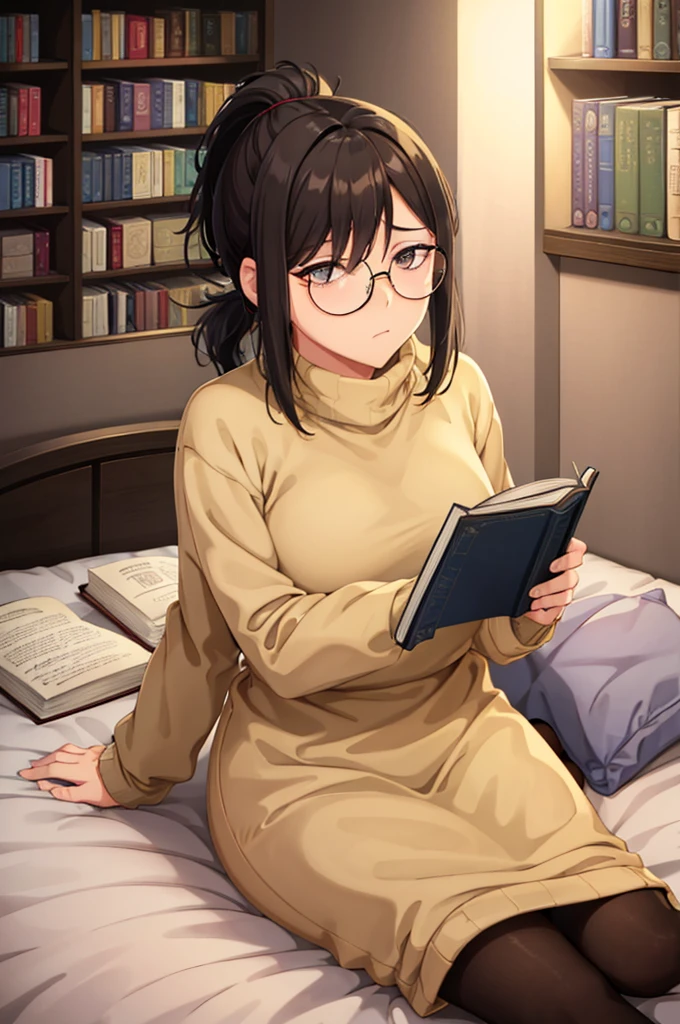 mature woman, hair over one eye, golden eyes, Tomboy, sitting on the ground, Long turtleneck sweater, looking at viewer, bed, black short hair with a ponytail, books lying around, bedroom background, round glasses, bags under eyes, tired, reading a book, shy