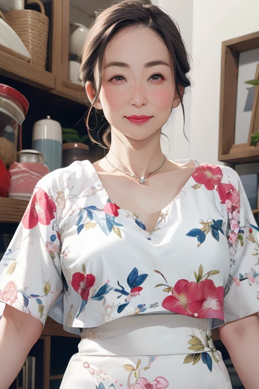 Beautiful mature 55 year old Japanese woman, Married women, Fine Lines, Fine wrinkles, Long eyelashes, Shining Eyes, Low Ponytail, Red lipstick, elegant, Gorgeous figure, Round Sunglasses, Pearl Necklace, Low-cut open-neck blouse, Floral print slit skirt, whole body, Street corner photography, (Highest quality,4K,8k,High resolution,masterpiece:1.2),Very detailed,(Realistic,photoRealistic,photo-Realistic:1.37),