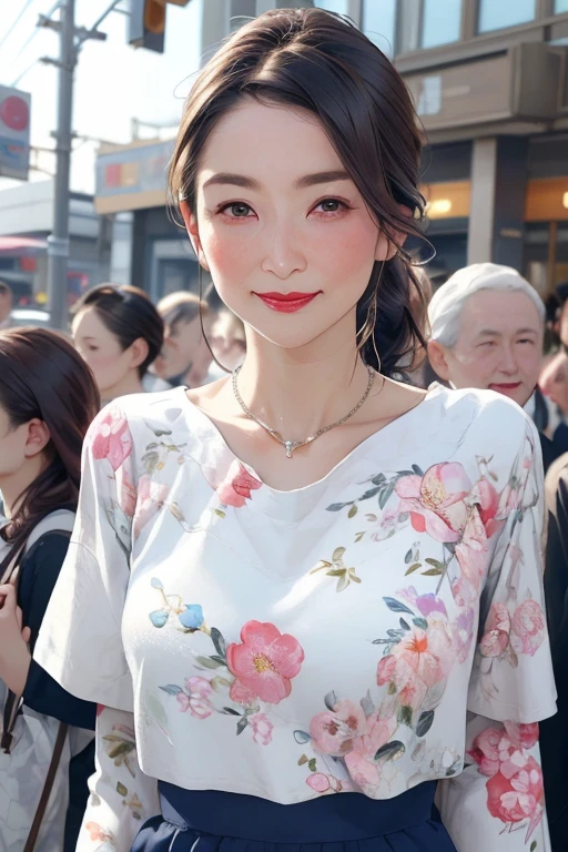 Beautiful mature 55 year old Japanese woman, Married women, Fine Lines, Fine wrinkles, Long eyelashes, Shining Eyes, Low Ponytail, Red lipstick, elegant, Gorgeous figure, Round Sunglasses, Pearl Necklace,  Low-cut open-neck blouse, Floral print slit skirt, whole body, Street corner photography, (Highest quality,4K,8k,High resolution,masterpiece:1.2),Very detailed,(Realistic,photoRealistic,photo-Realistic:1.37),