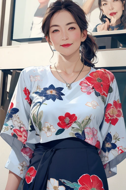 Beautiful mature 55 year old Japanese woman, Married women, Fine Lines, Fine wrinkles, Long eyelashes, Shining Eyes, Low Ponytail, Red lipstick, elegant, Gorgeous figure, Round Sunglasses, Pearl Necklace,  Low-cut open-neck blouse, Floral print slit skirt, whole body, Street corner photography, (Highest quality,4K,8k,High resolution,masterpiece:1.2),Very detailed,(Realistic,photoRealistic,photo-Realistic:1.37),