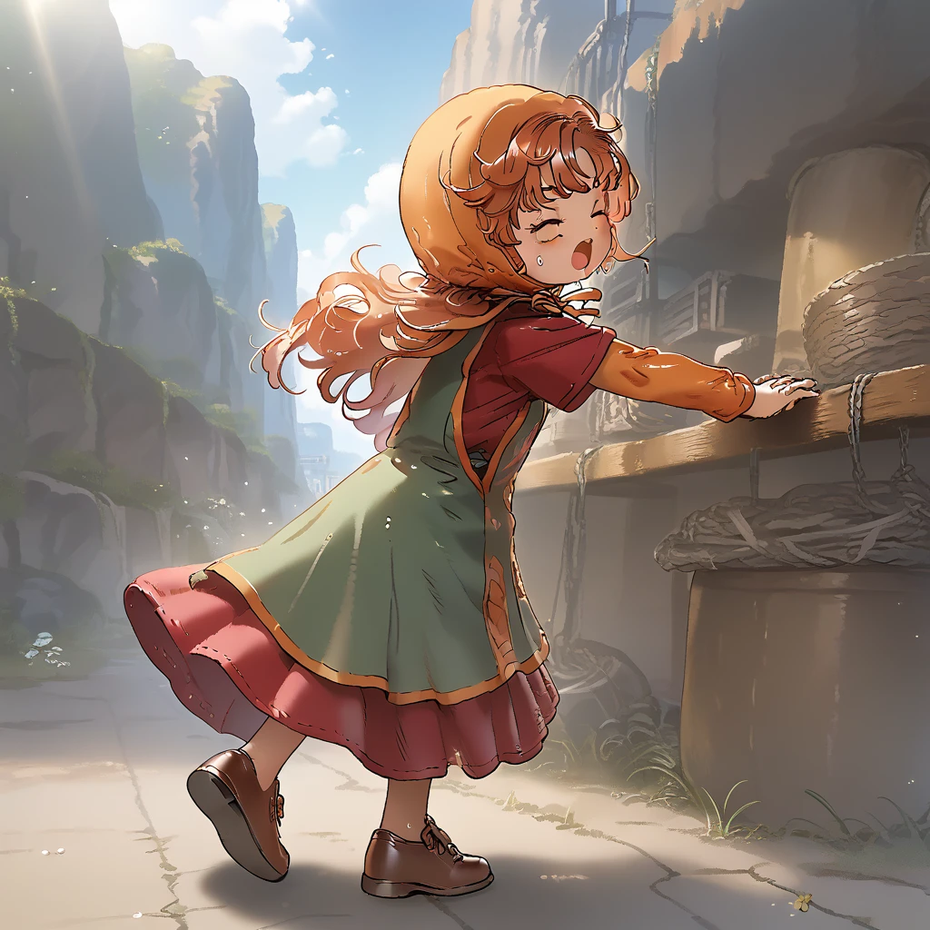 score_9, score_8_up, score_7_up, source_anime, best quality, masterpiece, official art, absurdres, highres, ultra-detailed,waifu2x,Collection: Slice of Life,break,1girl, maribel dq7, head scarf,dress,layered sleeves,shoes,sweat, open mouth, (yawn:0.3), sleepily, outdoors, wind,break,(clear line illustration:1.2), super detailed skin,very high resolution, very aesthetic, Best sexual lighting powered by famous artist, 8k,cute picture,beauty illustration,photoshop_(medium),,(Detailed Lighting),best anime 8k konachan wallpaper, pixiv contest winner,