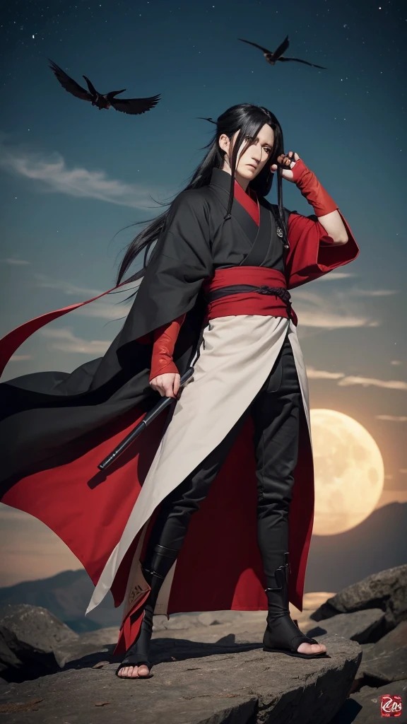 The image is of Madara Uchiha, a character from the anime series Naruto. He is depicted as a tall, pale man with long, black hair and red eyes. He is wearing a black kimono with a high collar, and his hair is tied in a ponytail. He is also wearing a pair of black gloves, and his feet are bare. He is sitting on a rock, with his legs crossed, and he is holding a scythe in his right hand. The background is a dark red color, and there are several black crows flying around. There is a large moon in the background, and it is also red in color. The image is very detailed, and the artist has done a great job of capturing Madara's character.